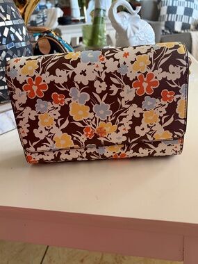 Tory Burch Brown Floral Crossbody with Yellow, Blue, and Orange Flowers